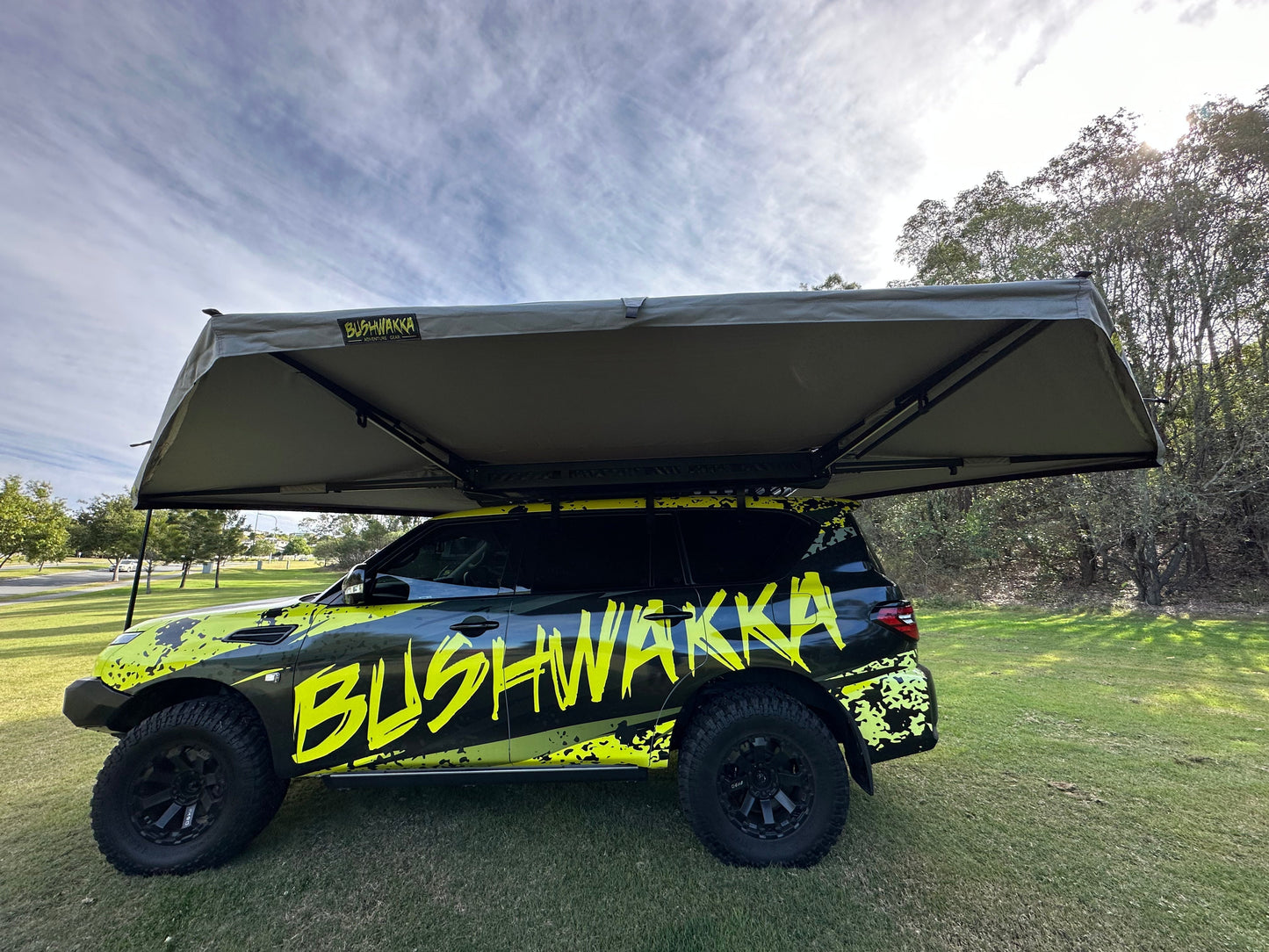 rooftop tent open on bushwakka 4wd car